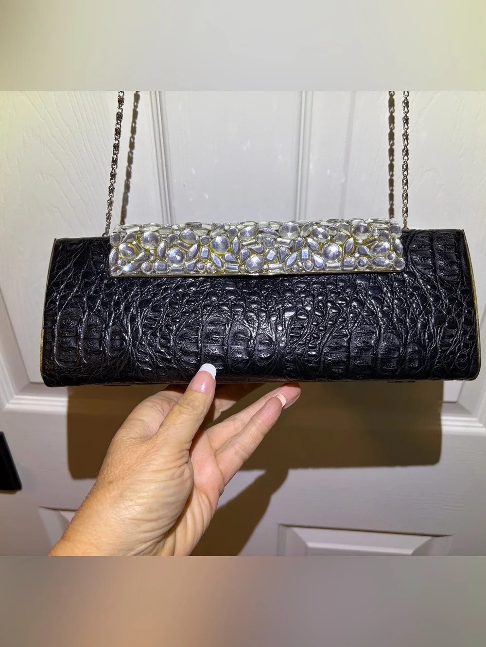 Black Embossed Crocodile Print Evening Clutch Dramatic Crystal Accent & Chain